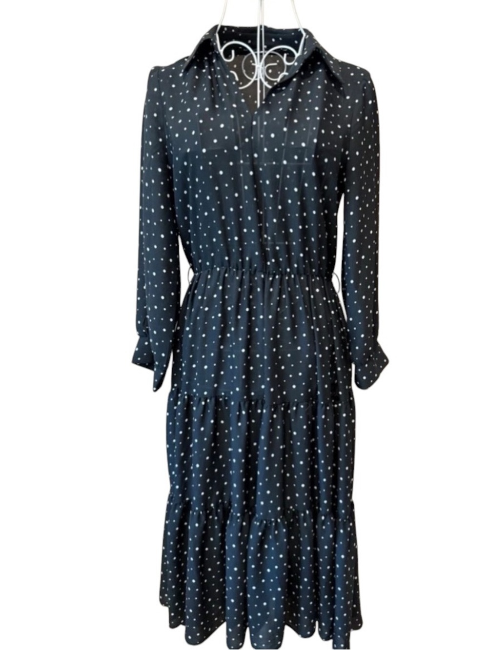 Zara Polka Dot Midi Dress Long Sleeve Tiered Skirt Collared Shirtdress Black S